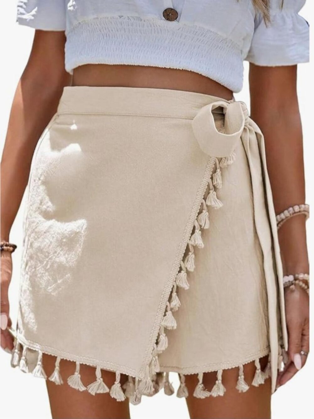 Women's solid-color linen skort, bohemian style, with tassels.